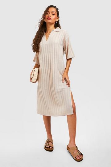 Wide Rib Collared Knitted Dress stone
