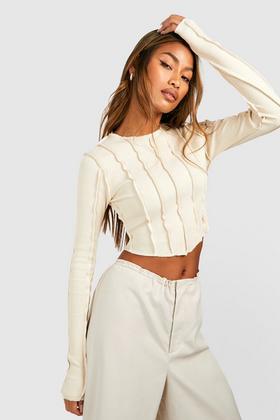 Women's Beige Double Layer Long Sleeve Fitted Crop Top