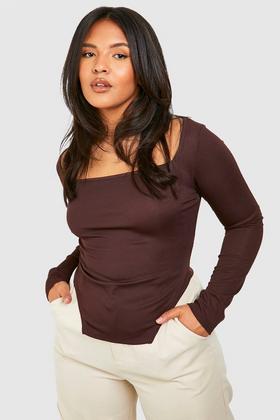 Brown Bubble Mesh Long Sleeve Bardot Top