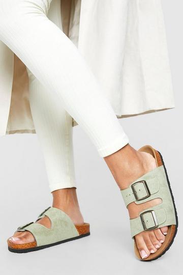 Wide Fit Double Buckle Footbed Slider khaki