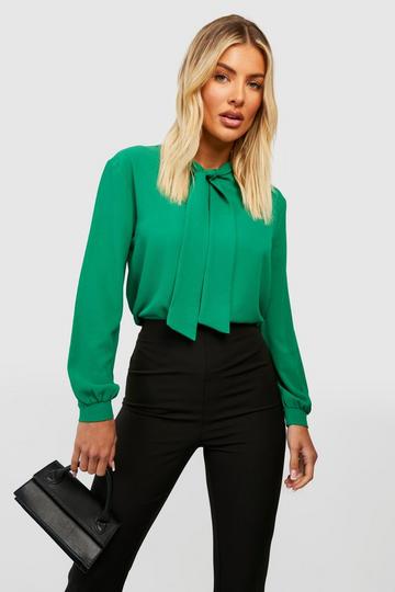 Green Pussy Bow Neck Woven Blouse