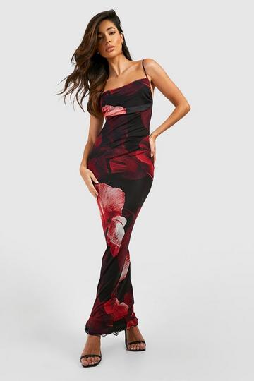 Abstract Floral Print Mesh Maxi Slip Dress red