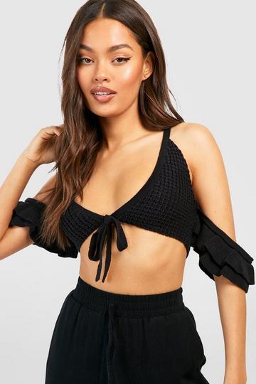 Ruffle Off The Shoulder Crochet Crop Top black