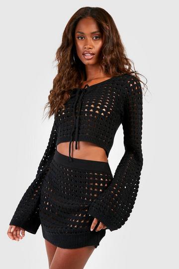 Black Crochet Lace Up Crop Top