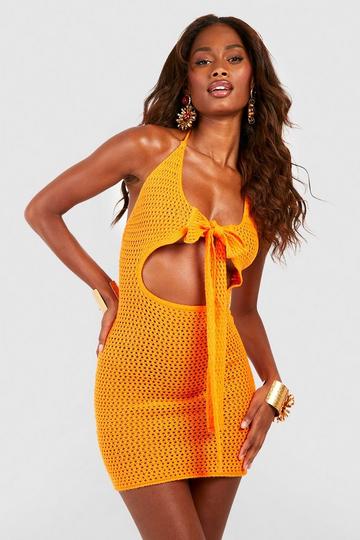 Tie Front Cut Out Crochet Mini Dress orange
