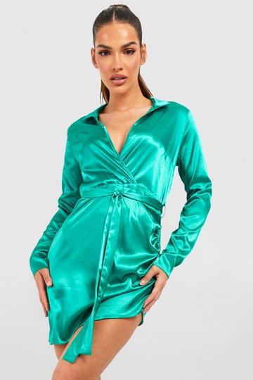 Satin Wrap Detail Dress emerald