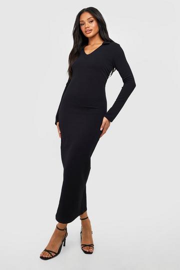 Black Ruched Side Collared Crepe Midaxi Dress