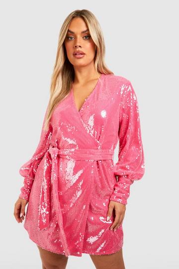 Plus Sequin Wrap Dress hot pink