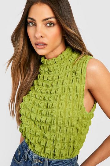 Bubble Jersey Knit High Neck Top olive