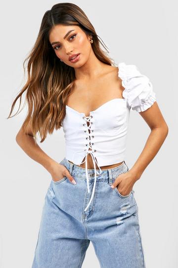 White Puff Sleeve Lace Up Bengaline Corset Top