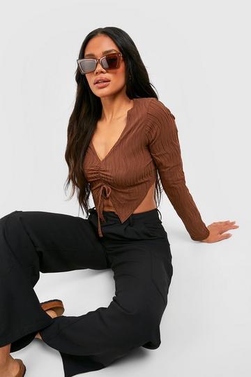 Textured Ripple Rib Tie Detail Long Sleeve Crop Top chocolate