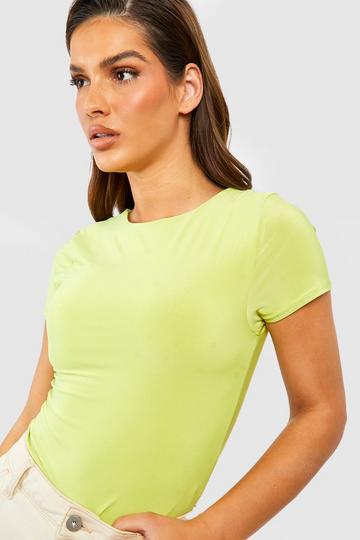 Double Layer Slinky Short Sleeve Crew Neck Fitted Top lime