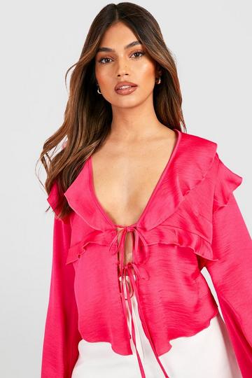 Hammered Satin Frill Detail Blouse hot pink