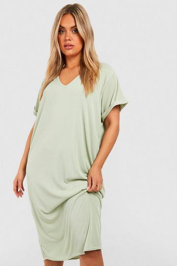 Sage Green Plus Rib V Neck Midi T-Shirt Dress