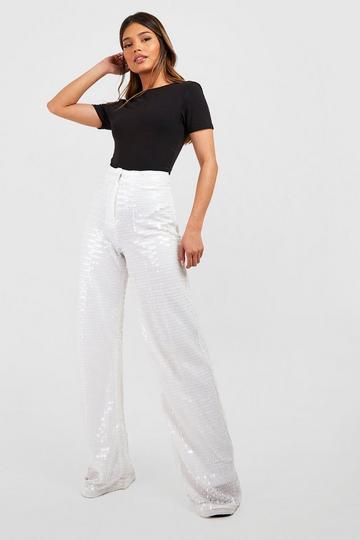 Shard Sequin High Waisted Wide Leg Trousers white