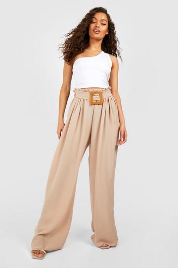 Linen Look Buckle Paperbag Trousers stone