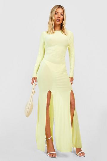 Yellow Crew Neck Slinky Split Leg Maxi Dress