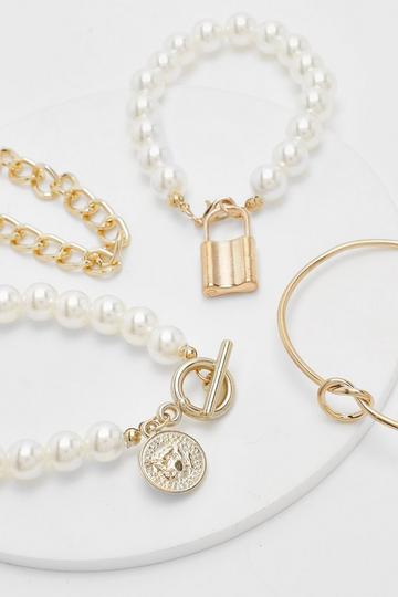 Pearl Padlock Charm Multipack Bracelets gold