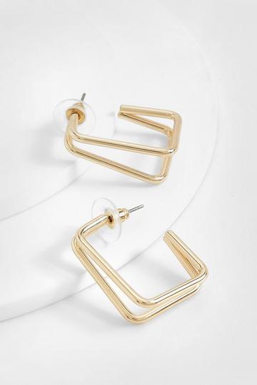 Gold Metallic Polished Square Double Row Hoop Earrings