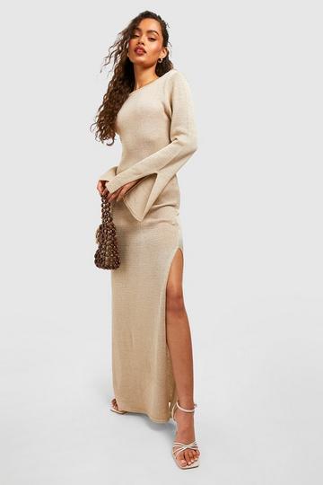 Stone Beige Fine Gauge Split Cuff Knitted Maxi Dress