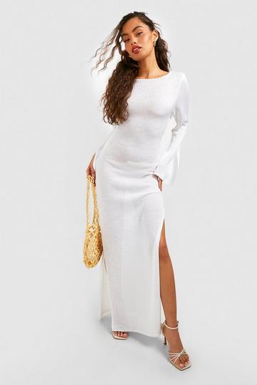 White Fine Gauge Split Cuff Knitted Maxi Dress