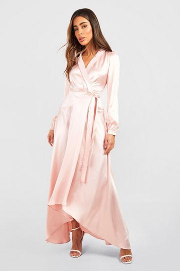 Champagne Beige Satin Wrap Belted Maxi Dress