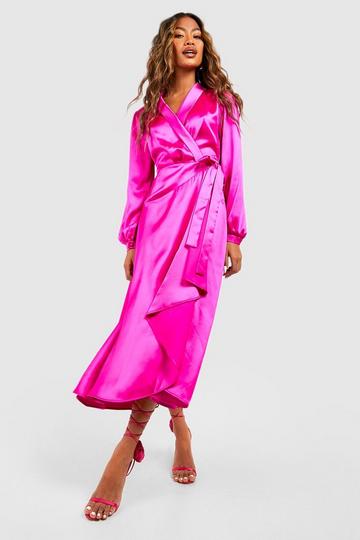 Pink Satin Wrap Belted Midi Dress
