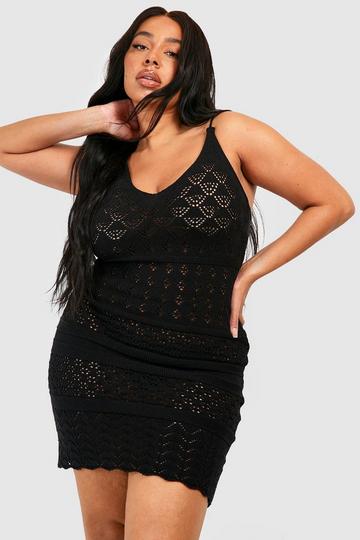 Plus Knitted Strappy Crochet Mini Dress black