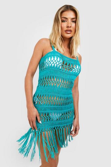 Crochet Fringed Strappy Beach Dress aqua
