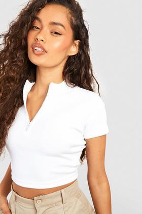 Women's White Tie Front Ribbed Top