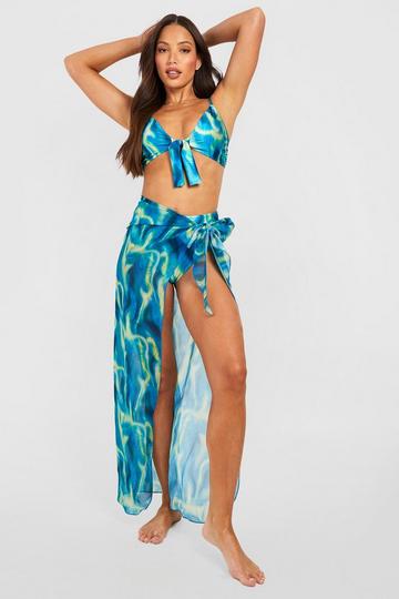 Tall Blurred Abstract Tie Front High Waist Bikini Set blue