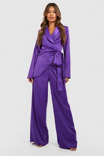 Purple Matte Satin Fluid Wide Leg Dress Pants
