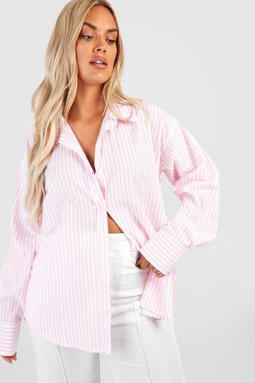 Plus Oversized Linen Stripe Shirt pink