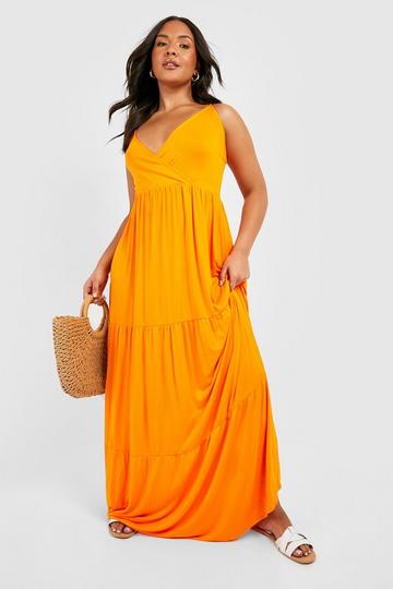 Orange Plus Jersey Knit Strappy Tiered Maxi Dress
