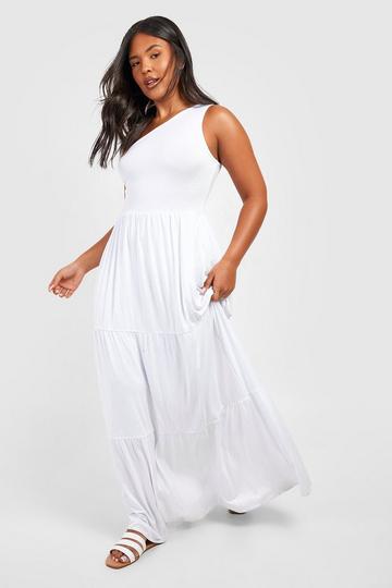 White Plus Jersey Knit Asymmetric One Shoulder Maxi Dress