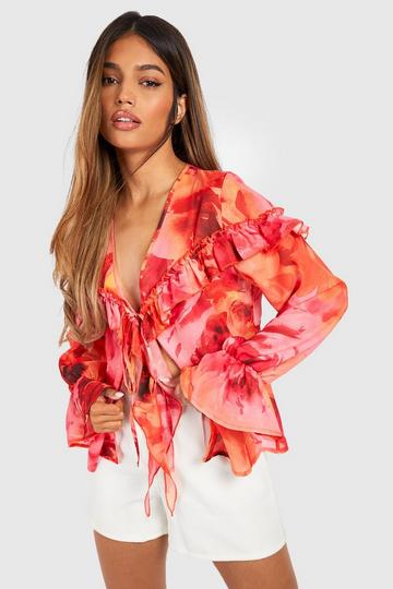 Bloom Floral Ruffle Tie Detail Blouse pink