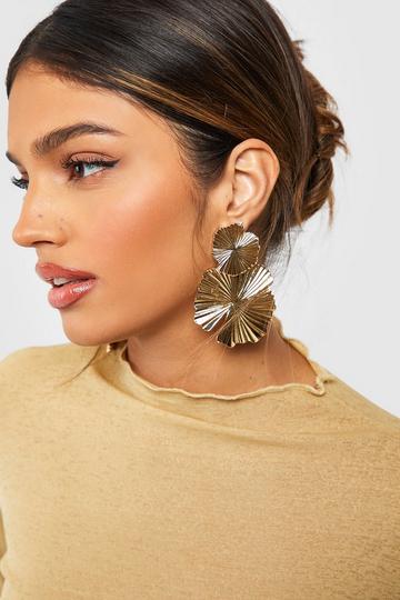 Gold Metallic Polished Oversized Floral Earrings