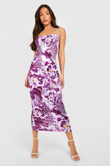 Purple Tall Lilac Floral Cowl Front Midi Dress