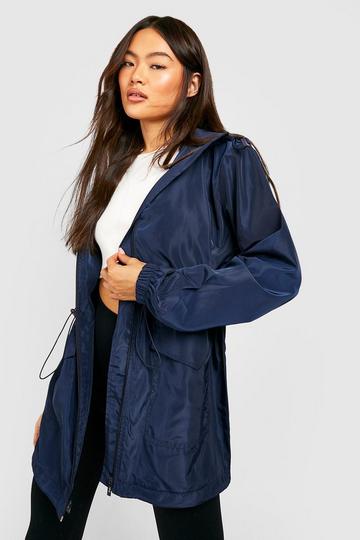 Navy Longline Hooded Synched Waist Parachute Mac