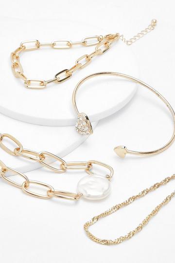 Gold Metallic Chunky Pearl Trim Bracelet And Bangle Set