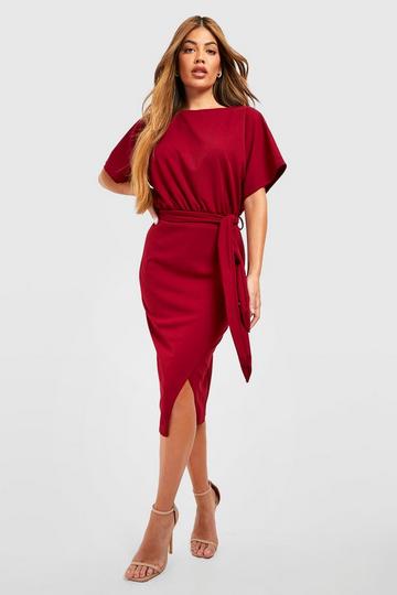 Slash Neck Tie Waist Midi Dress berry