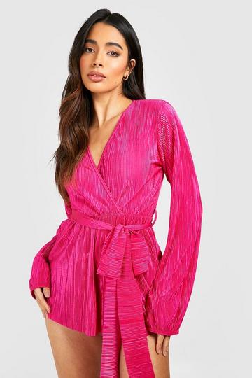 Plisse Belted Wrap Playsuit bright pink