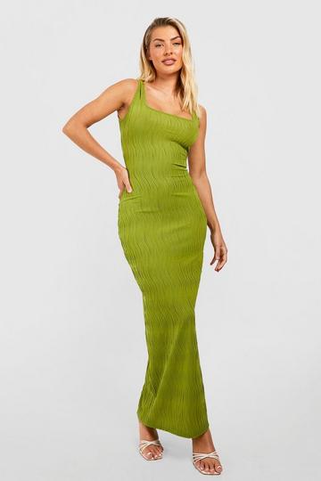 Olive Green Textured Wave Rib Maxi Dress