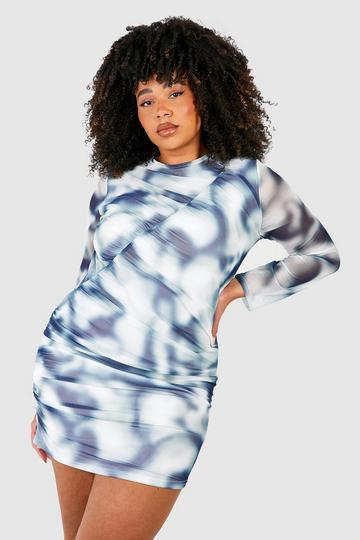 Plus Marble Tie Dye Ruched Bodycon Dress blue