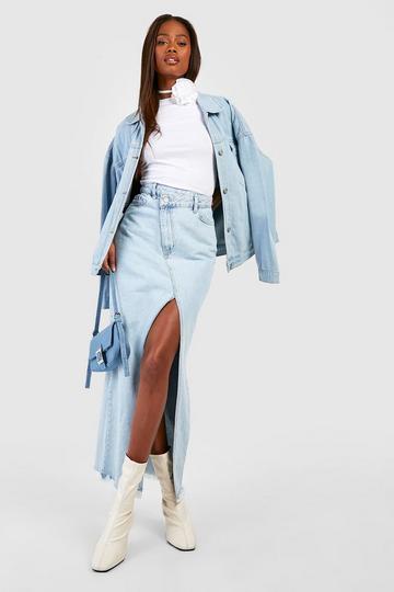 Asymmetric Hem Split Front Denim Maxi Skirt light blue