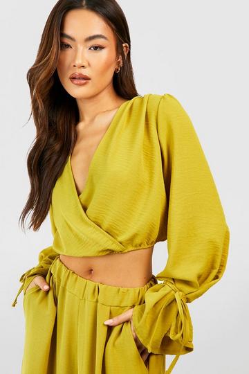 Hammered Tie Cuff Wrap Front Blouse chartreuse