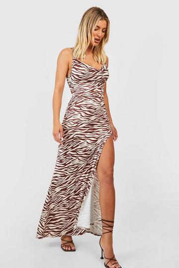 Zebra Slinky Strappy Cowl Maxi Dress brown