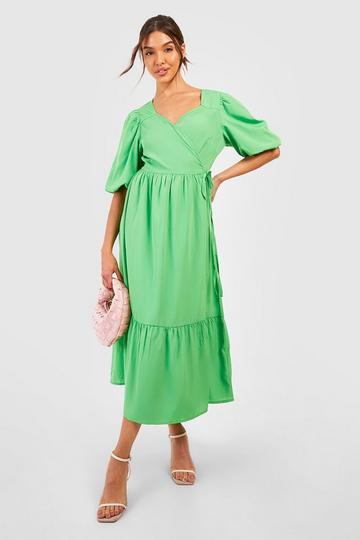 Green Wrap Puff Sleeve Midi Dress