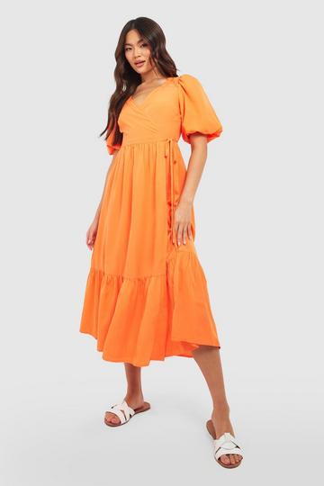 Orange Wrap Puff Sleeve Midaxi Dress