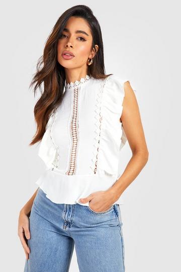 White Linen Look Crochet Detail Top